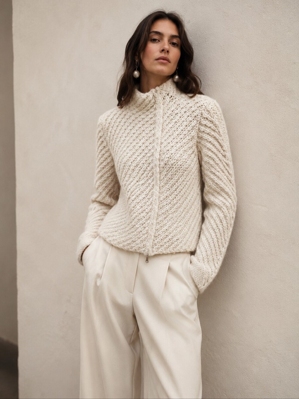 United Nations Colors Cream Chunky Knit Zip Cardigan Sweater Wool Blend S